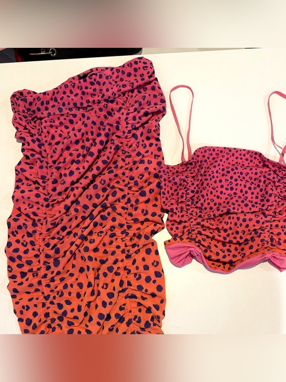 NWOT AFRM Coral Leopard Print Ruched Midi Skirt & Crop Top Set